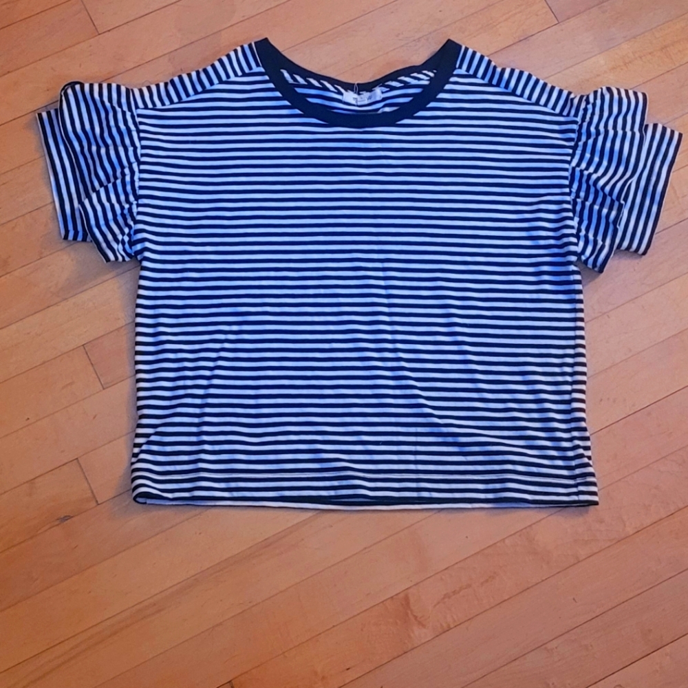Madewell black and white stripe tshirt ruffle sleeve